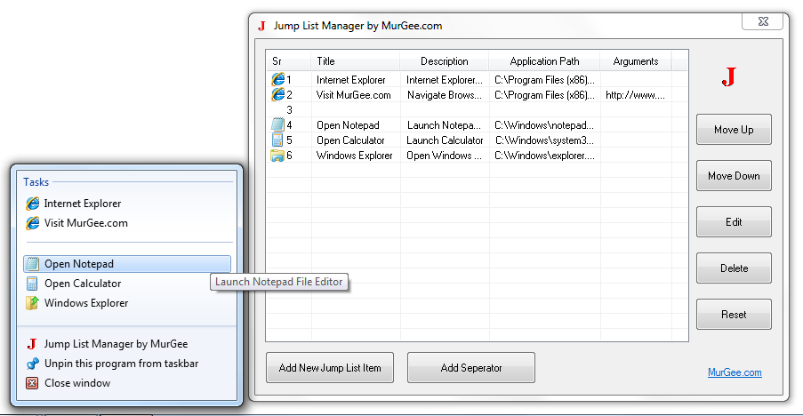 Screenshot of Jump List Manager Software for Windows 11 / Windows 10